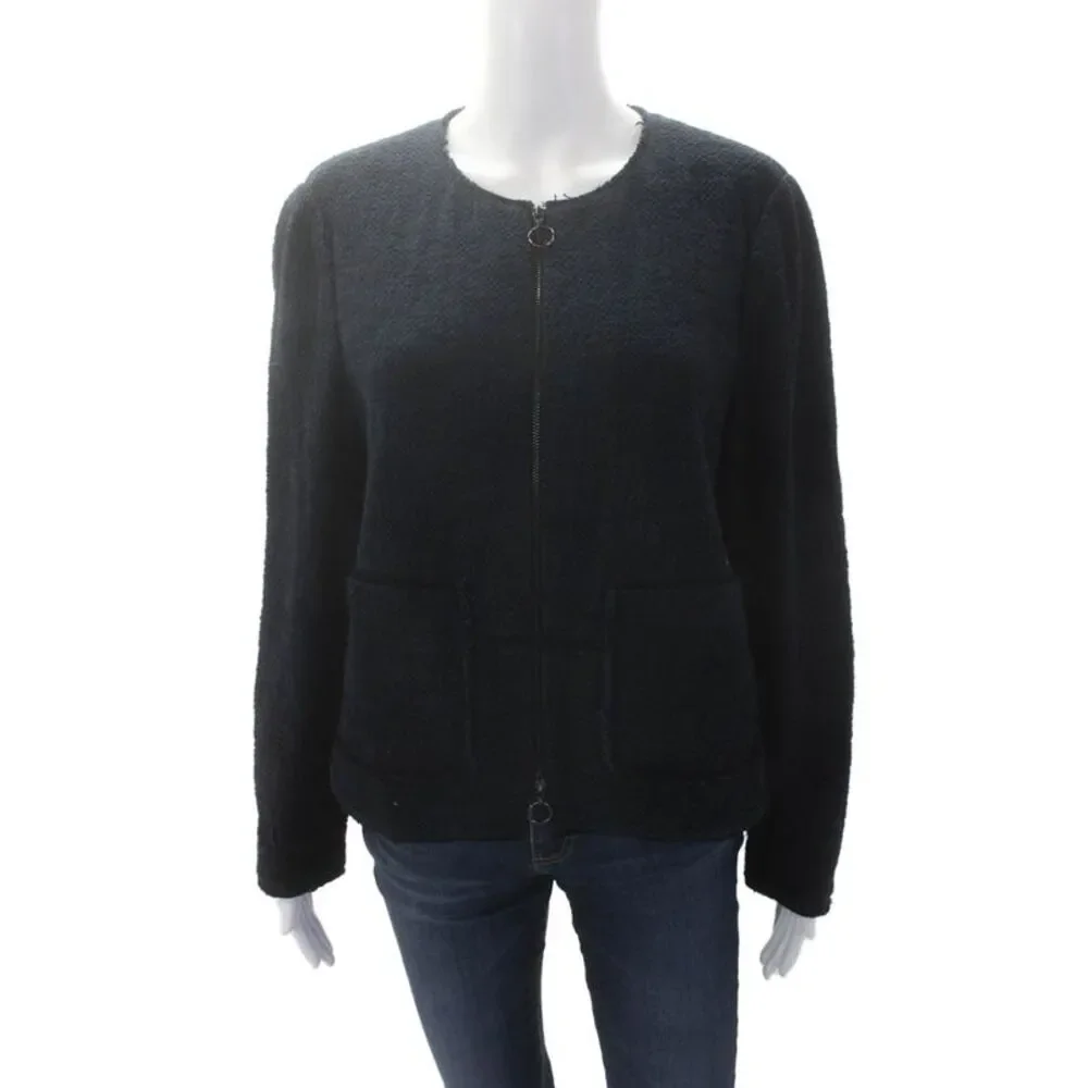 Rebecca Taylor Women's Round Neck Long Sleeves Full Zip Jacket Navy Blue Size 12